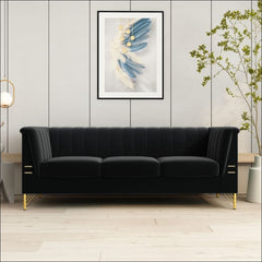 Elegant Black Velvet Tufted Sofa Couch with Gold Metal Legs