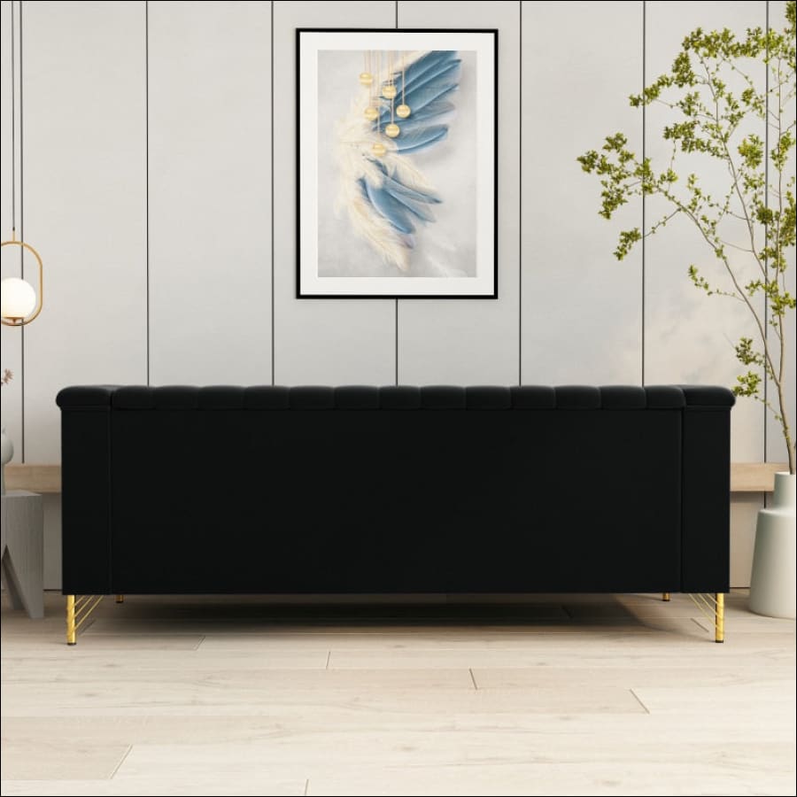 Elegant Black Velvet Tufted Sofa Couch with Gold Metal Legs