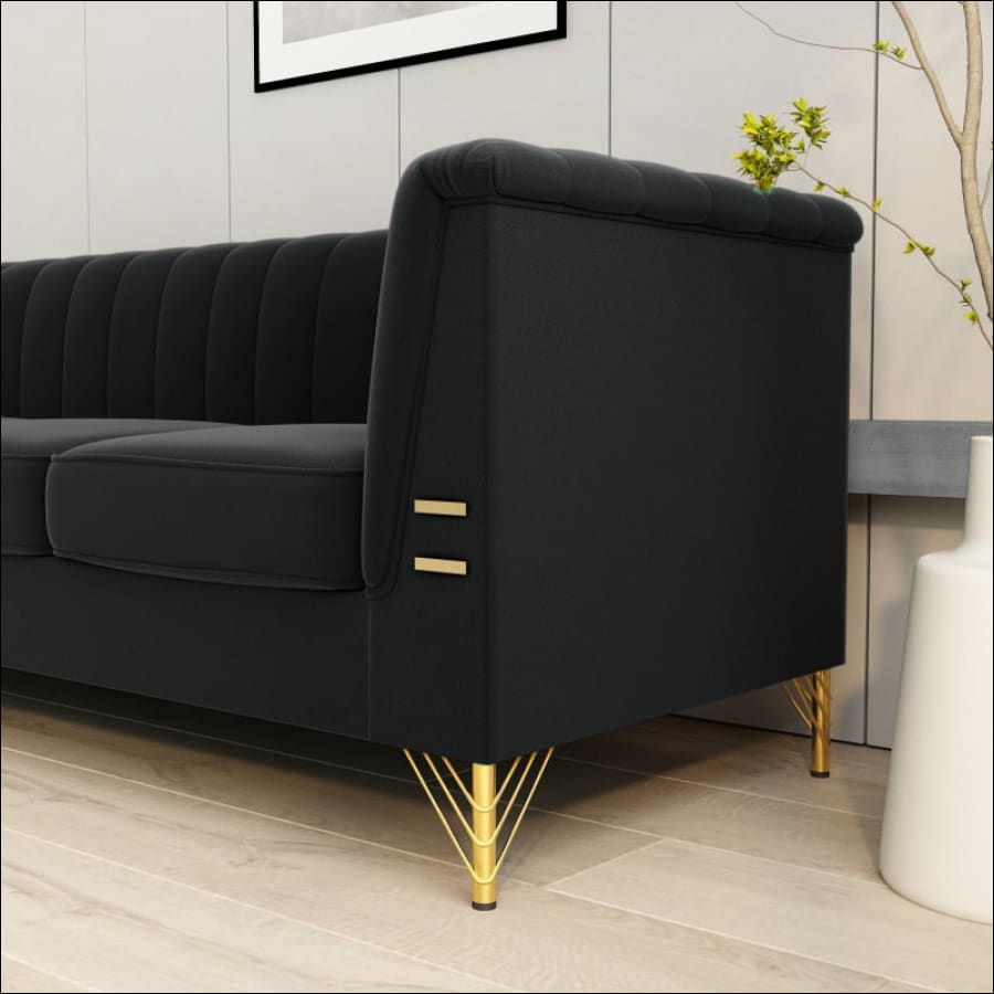 Elegant Black Velvet Tufted Sofa Couch with Gold Metal Legs