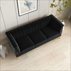 Elegant Black Velvet Tufted Sofa Couch with Gold Metal Legs