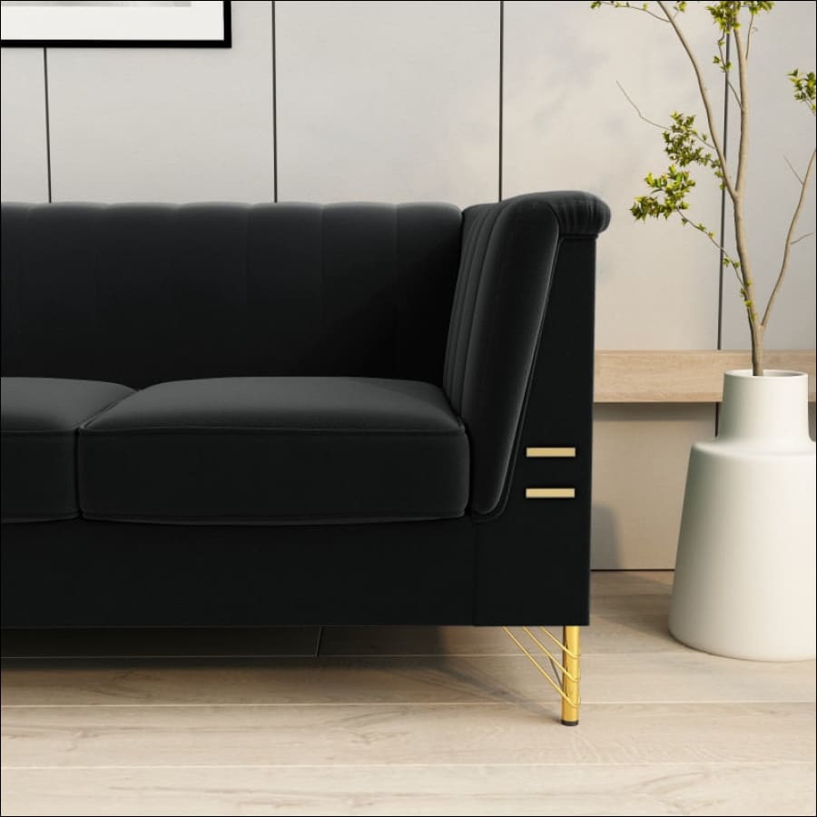 Elegant Black Velvet Tufted Sofa Couch with Gold Metal Legs