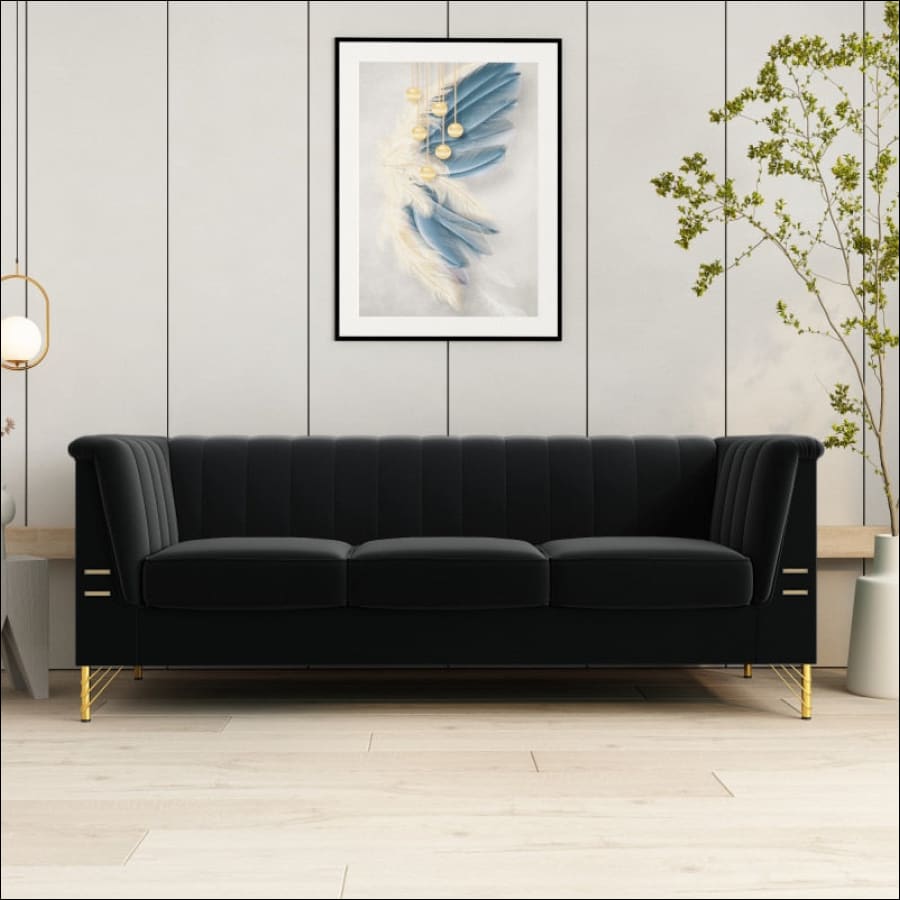 Elegant Black Velvet Tufted Sofa Couch with Gold Metal Legs